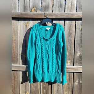 Vtg Route 66 Womens M Scoop Neck Teal Cable Knit Long Sleeve Sweater Y2k